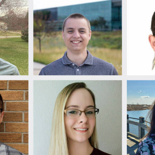 Six smiling individuals are shown in a two‑row grid of head‑and‑shoulders portraits, each photographed in various settings from leafy outdoors and campus buildings to plain indoor backgrounds—conveying a friendly and diverse student group.